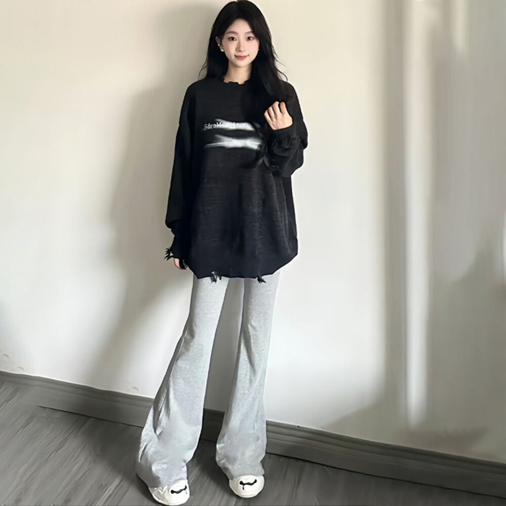 【台灣發貨】韓版顯瘦高腰微喇叭運動褲 寬褲 褲子 女裝【P360】-細節圖8