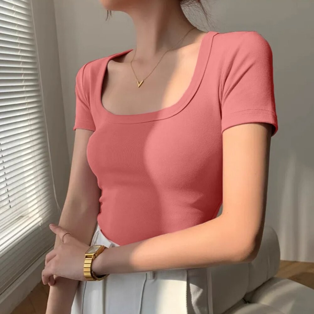 【台灣發貨】韓版方領緊身短版上衣 衣服 女裝 t恤 短袖t恤 上衣【T307】-細節圖3