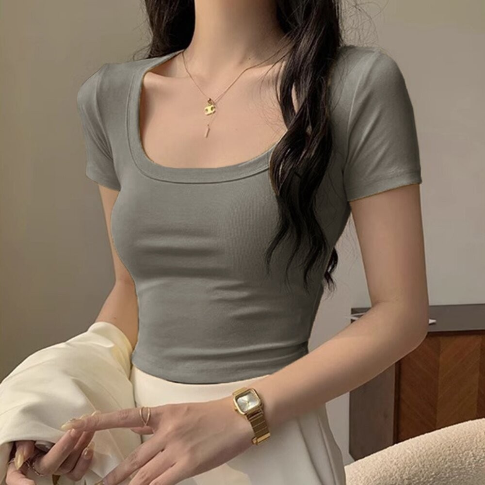 【台灣發貨】韓版方領緊身短版上衣 衣服 女裝 t恤 短袖t恤 上衣【T307】-細節圖4
