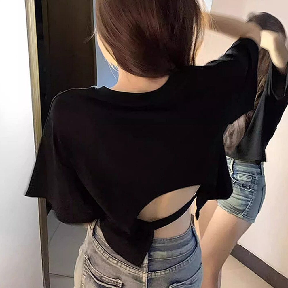 【台灣發貨】韓版寬鬆露背短版上衣 衣服 女裝 t恤 短袖t恤 上衣【T494】-細節圖4