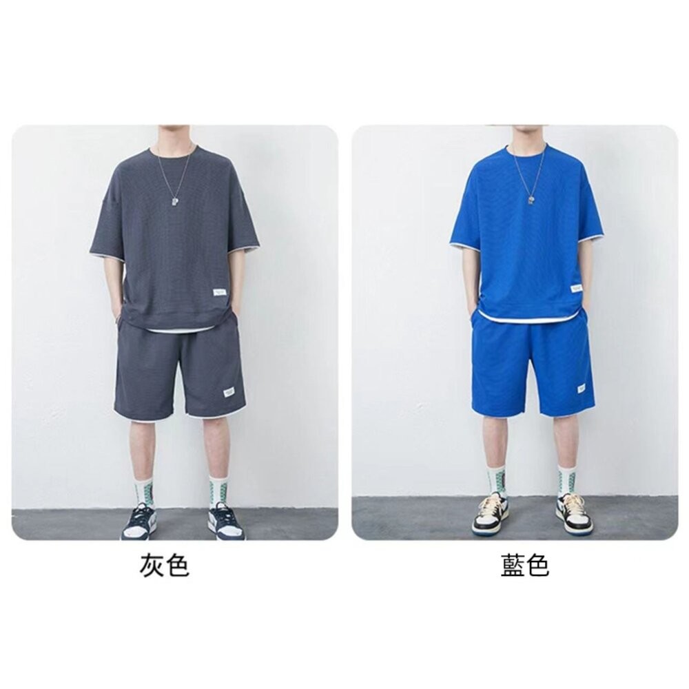 【台灣發貨】韓版華夫格休閒運動套裝 短袖上衣+短褲 衣服 男裝 t恤 短袖t恤 上衣 短褲 褲子【S262】-細節圖11