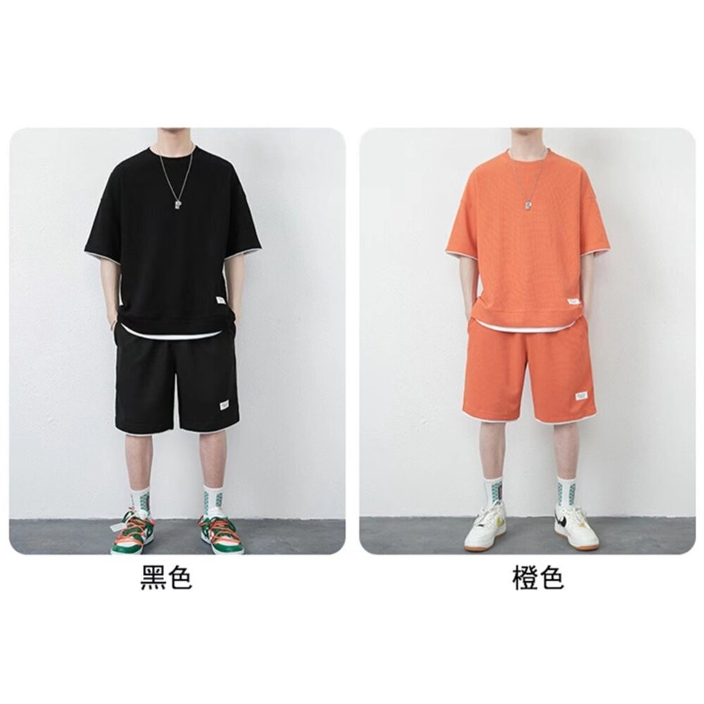 【台灣發貨】韓版華夫格休閒運動套裝 短袖上衣+短褲 衣服 男裝 t恤 短袖t恤 上衣 短褲 褲子【S262】-細節圖11