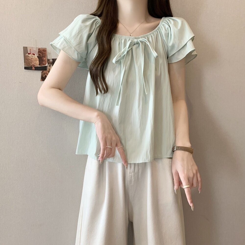 【台灣發貨】韓版法式薄款寬鬆飛袖襯衫 衣服 女裝 t恤 短袖t恤 上衣【T699】-細節圖2