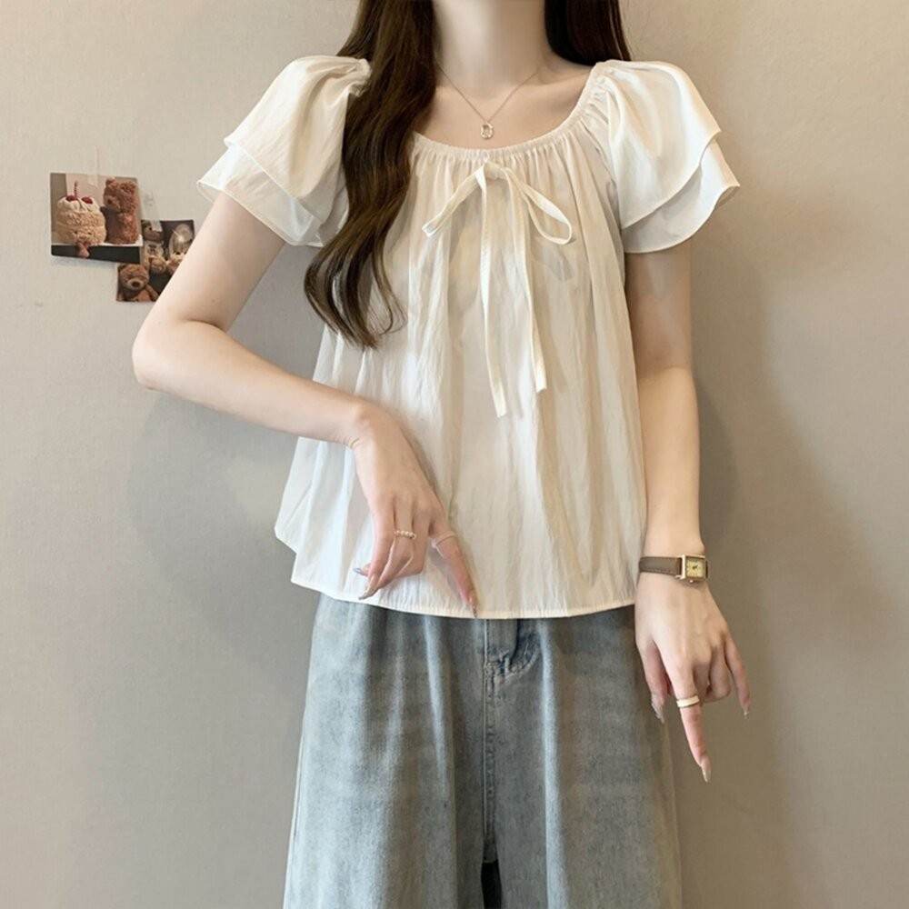 【台灣發貨】韓版法式薄款寬鬆飛袖襯衫 衣服 女裝 t恤 短袖t恤 上衣【T699】-細節圖4