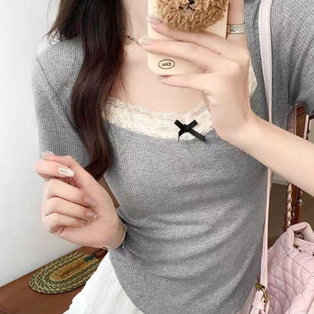 【台灣發貨】韓版蕾絲花邊設計感短袖上衣 衣服 女裝 t恤 短袖t恤 上衣【T696】-細節圖3