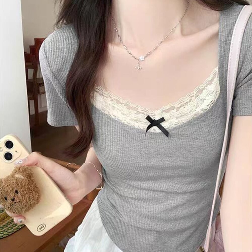 【台灣發貨】韓版蕾絲花邊設計感短袖上衣 衣服 女裝 t恤 短袖t恤 上衣【T696】-細節圖5