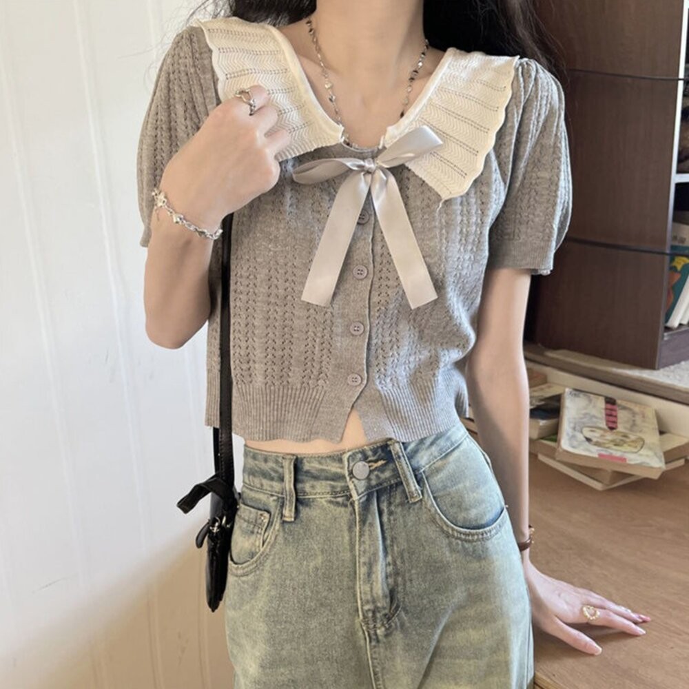 【台灣發貨】韓版法式撞色針織上衣 衣服 女裝 t恤 短袖t恤 上衣【T694】-細節圖7