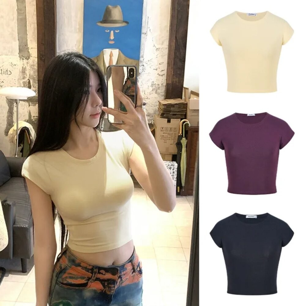 【台灣發貨】韓版美式緊身顯瘦短版上衣衣服 女裝 t恤 短袖t恤 上衣【T689】-細節圖8
