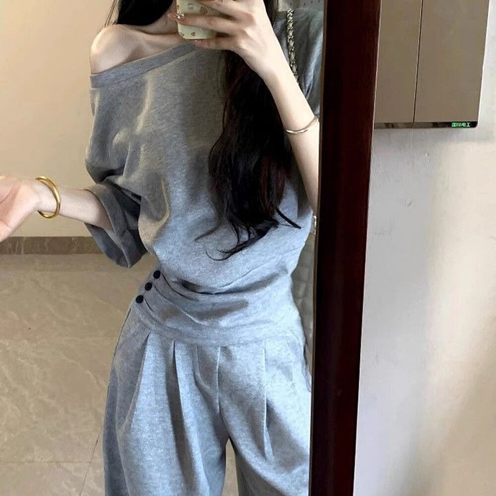 【台灣發貨】韓版寬鬆斜肩短袖上衣+長褲 兩件套裝 衣服 女裝 t恤 短袖t恤 上衣 寬褲 褲子【S384】-細節圖2