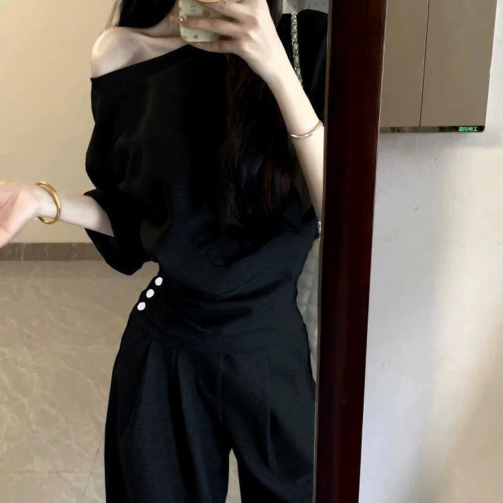 【台灣發貨】韓版寬鬆斜肩短袖上衣+長褲 兩件套裝 衣服 女裝 t恤 短袖t恤 上衣 寬褲 褲子【S384】-細節圖5