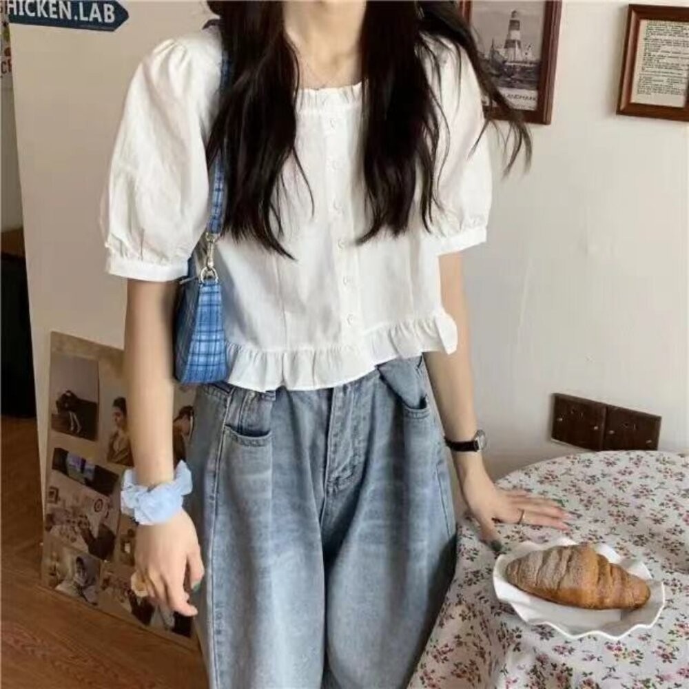 【台灣發貨】韓版荷葉邊短版襯衫 衣服 女裝 t恤 短袖t恤 上衣【T707】-細節圖3