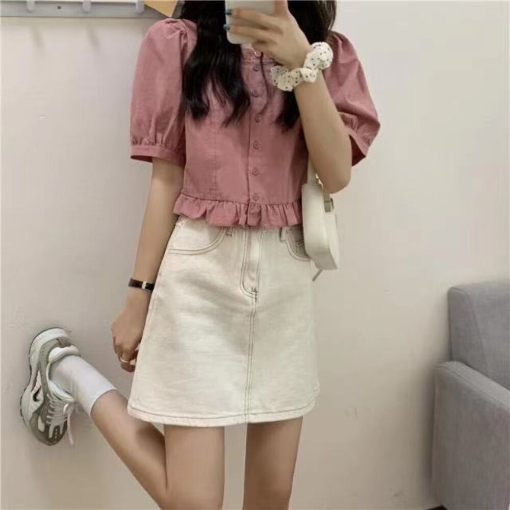 【台灣發貨】韓版荷葉邊短版襯衫 衣服 女裝 t恤 短袖t恤 上衣【T707】-細節圖4