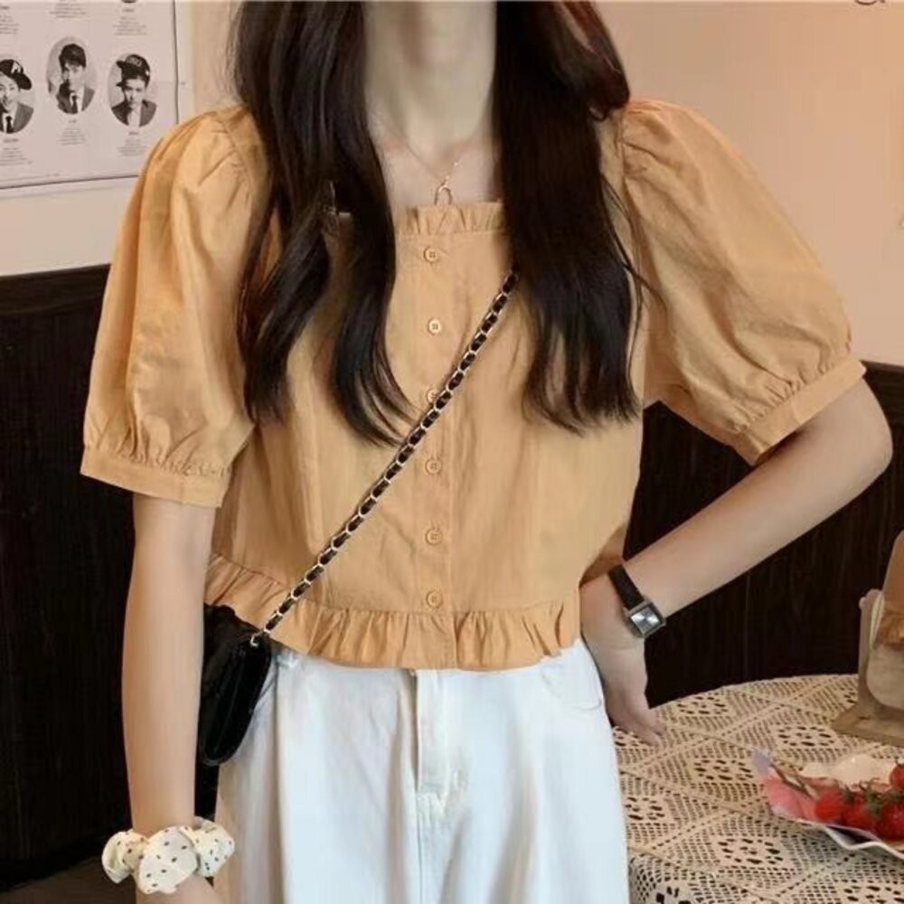 【台灣發貨】韓版荷葉邊短版襯衫 衣服 女裝 t恤 短袖t恤 上衣【T707】-細節圖5