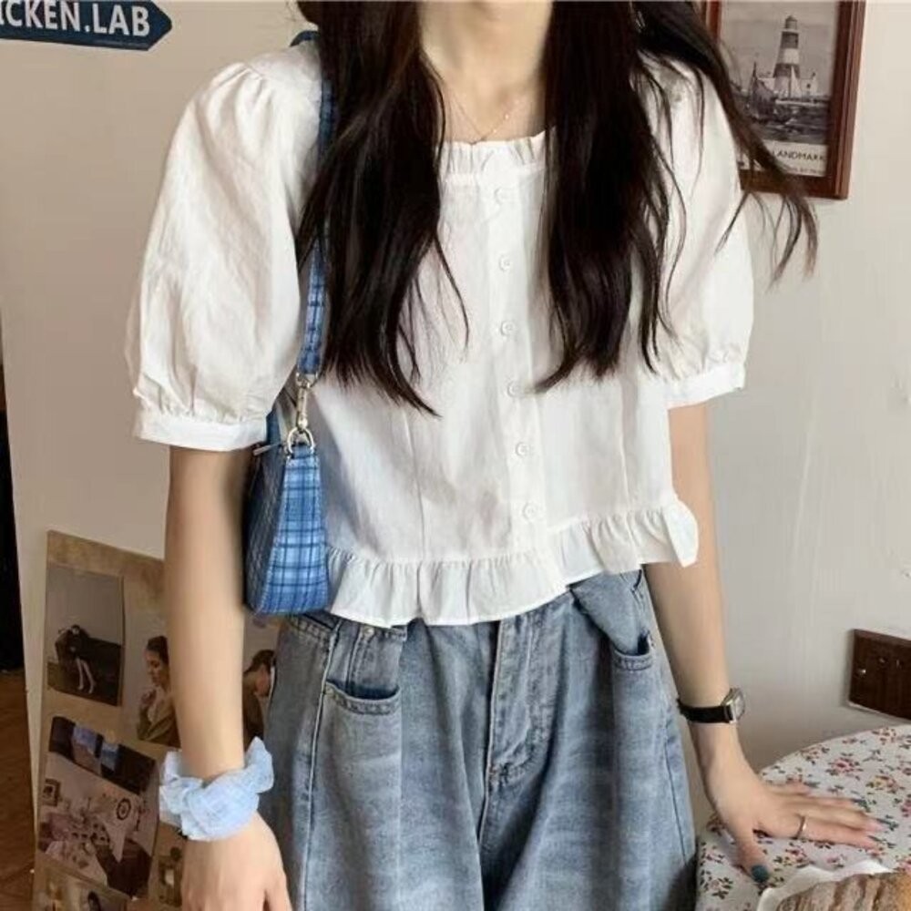 【台灣發貨】韓版荷葉邊短版襯衫 衣服 女裝 t恤 短袖t恤 上衣【T707】-細節圖6