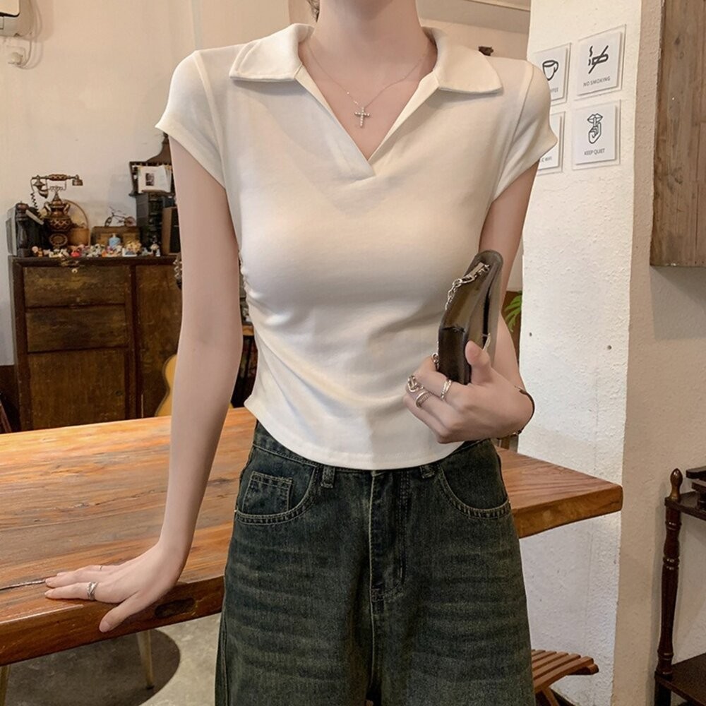 【台灣發貨】韓版設計感翻領短袖上衣 衣服 女裝 t恤 短袖t恤 上衣【T574】-細節圖3