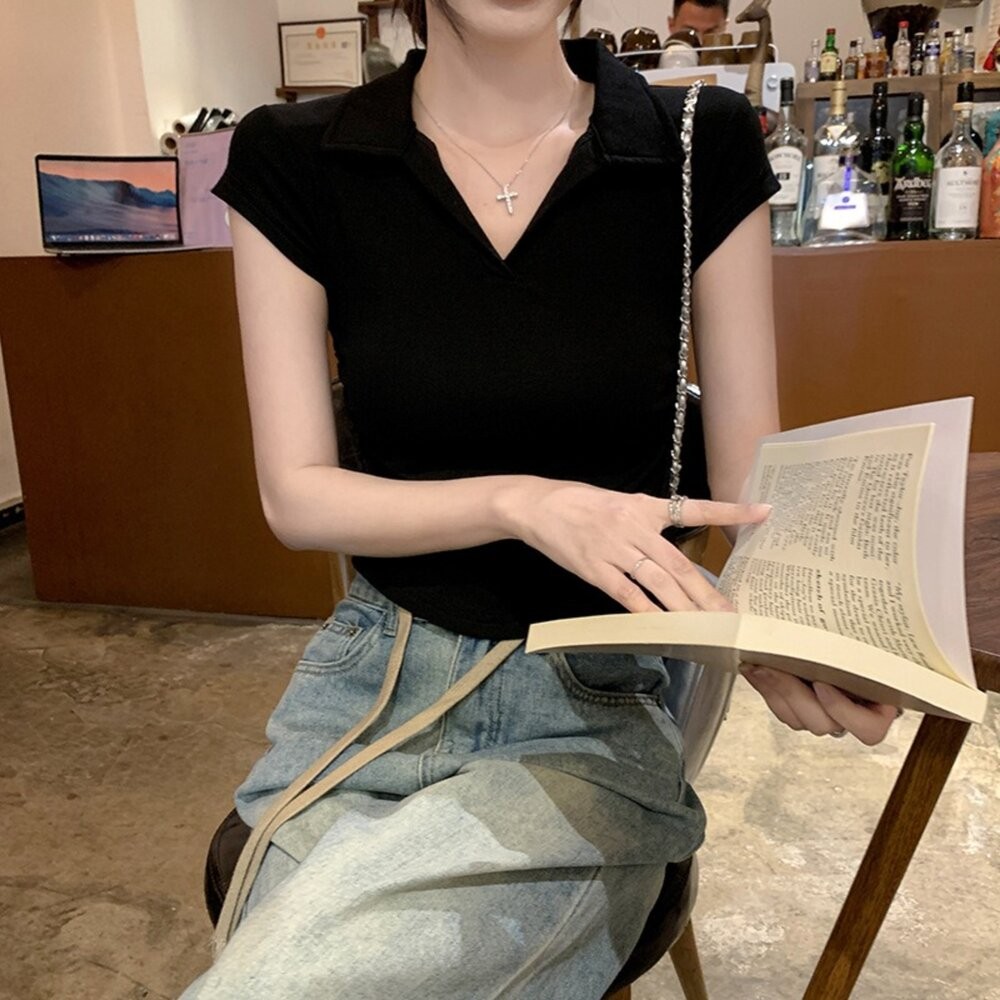 【台灣發貨】韓版設計感翻領短袖上衣 衣服 女裝 t恤 短袖t恤 上衣【T574】-細節圖4