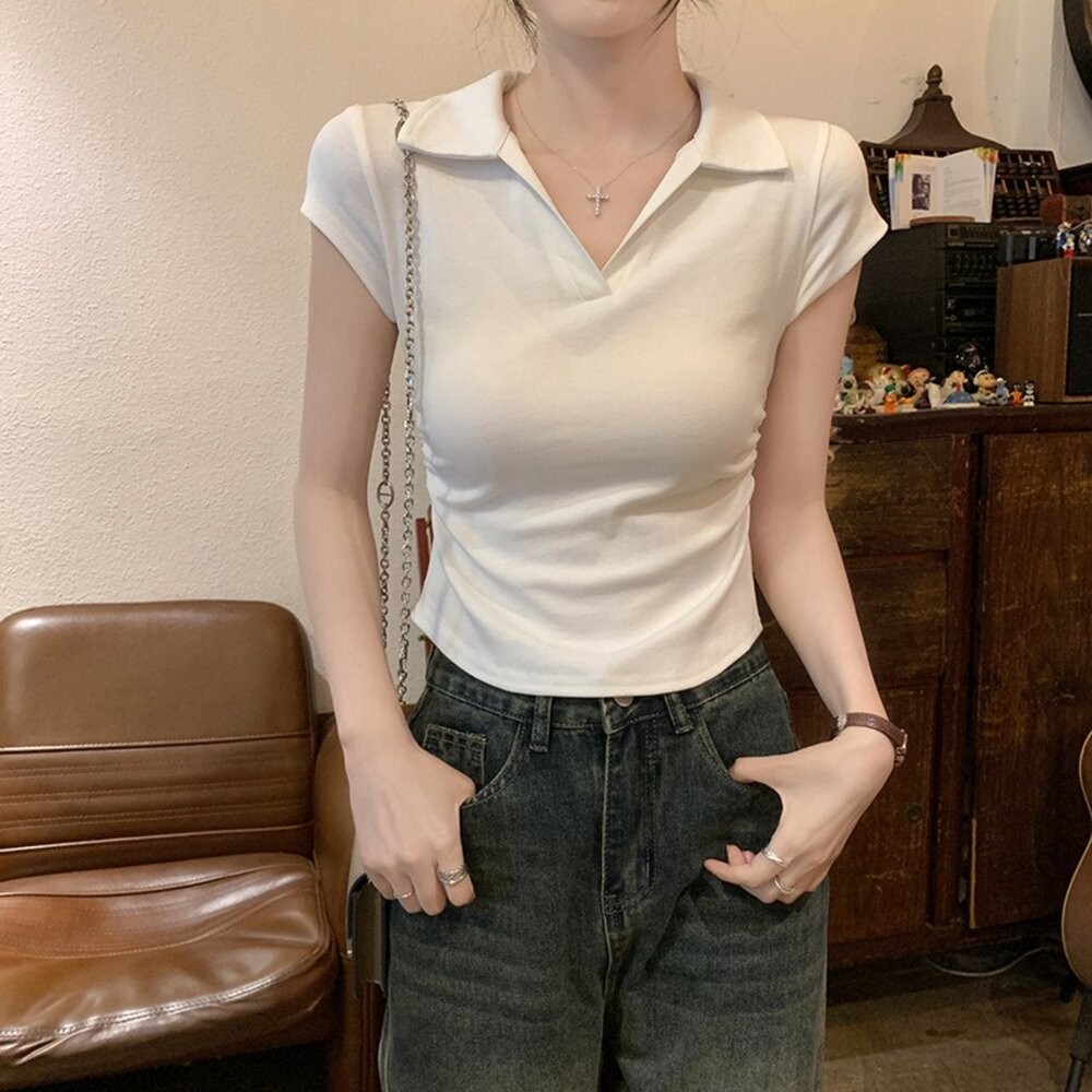 【台灣發貨】韓版設計感翻領短袖上衣 衣服 女裝 t恤 短袖t恤 上衣【T574】-細節圖5