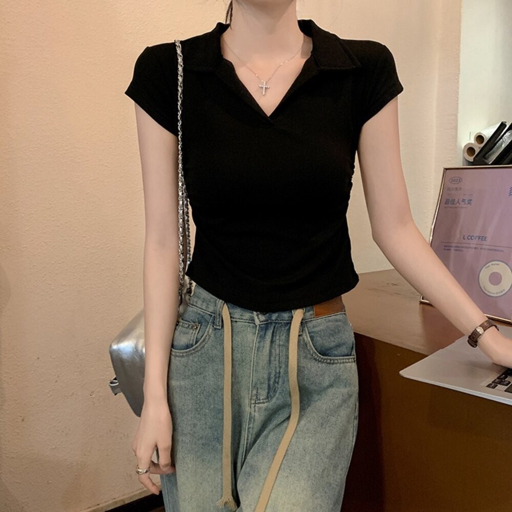 【台灣發貨】韓版設計感翻領短袖上衣 衣服 女裝 t恤 短袖t恤 上衣【T574】-細節圖6