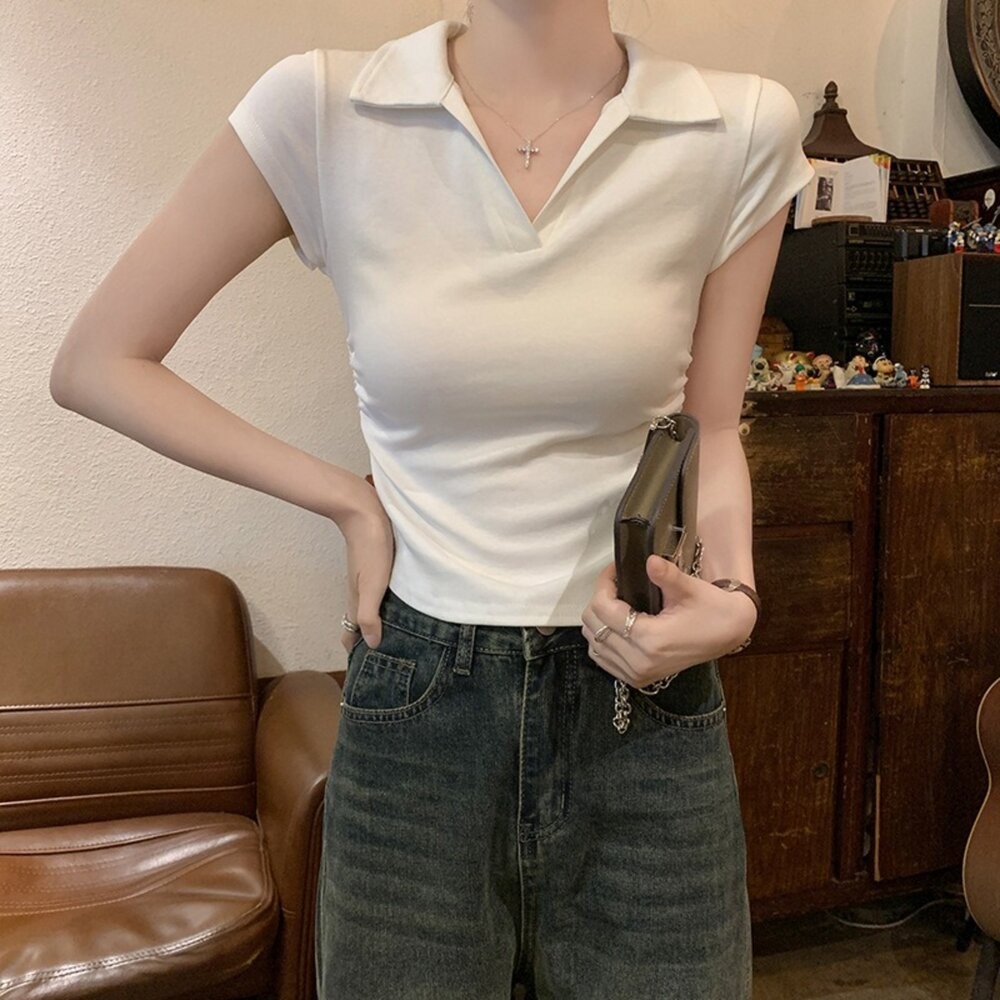 【台灣發貨】韓版設計感翻領短袖上衣 衣服 女裝 t恤 短袖t恤 上衣【T574】-細節圖7