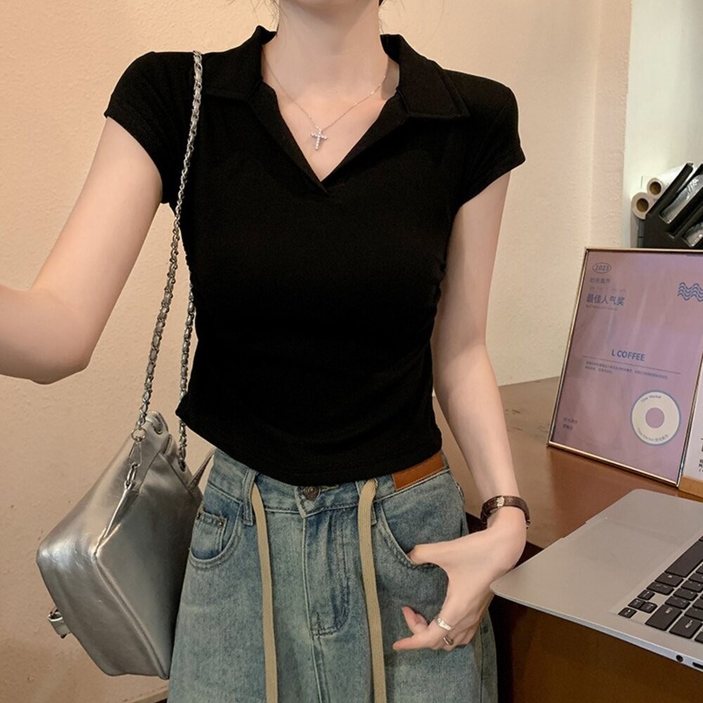 【台灣發貨】韓版設計感翻領短袖上衣 衣服 女裝 t恤 短袖t恤 上衣【T574】-細節圖11