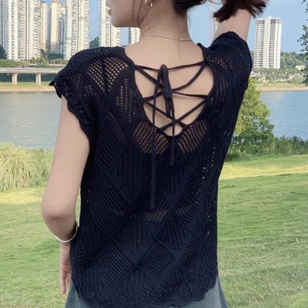 【台灣發貨】韓版氣質鏤空露背繫短袖上衣 衣服 女裝 t恤 短袖t恤 上衣【T708】-細節圖5