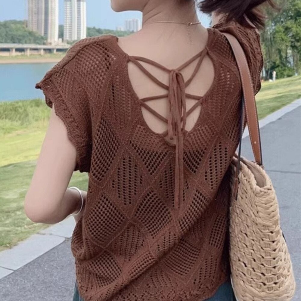 【台灣發貨】韓版氣質鏤空露背繫短袖上衣 衣服 女裝 t恤 短袖t恤 上衣【T708】-細節圖7