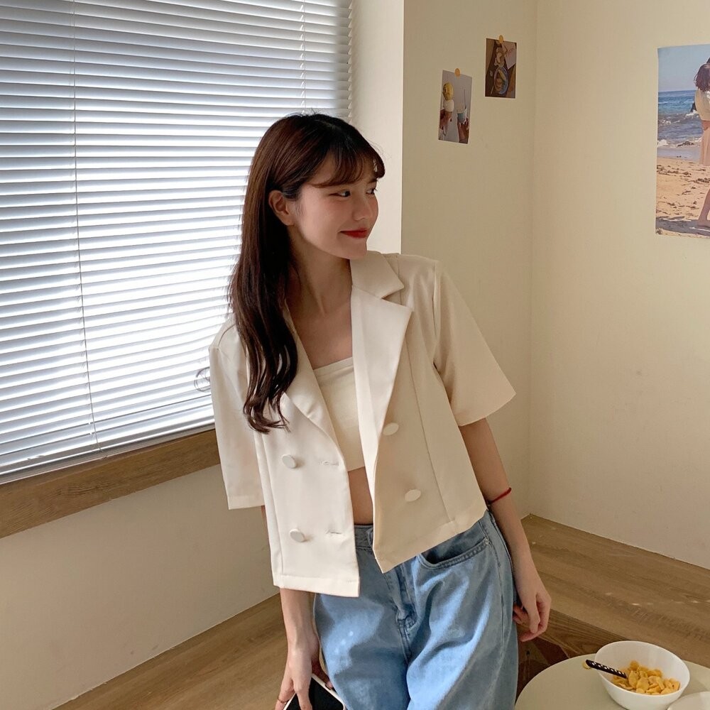 【台灣發貨】韓版薄款寬鬆雙排扣西裝外套 送平口背心 外套 防曬外套 女裝 上衣 衣服【J168】-細節圖6