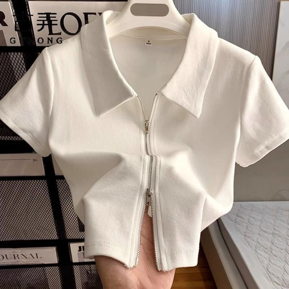 【台灣發貨】韓版修身顯瘦雙拉鍊翻領短版上衣 衣服 女裝 t恤 短袖t恤 上衣【T526】-細節圖3