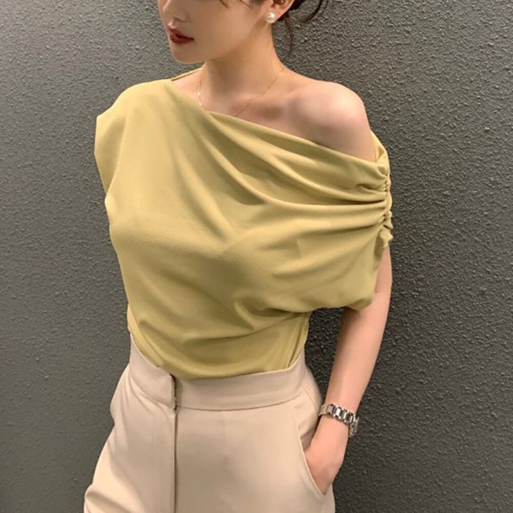【台灣發貨】韓版設計感斜肩寬鬆短袖上衣 衣服 女裝 t恤 短袖t恤 上衣【T603】-細節圖8
