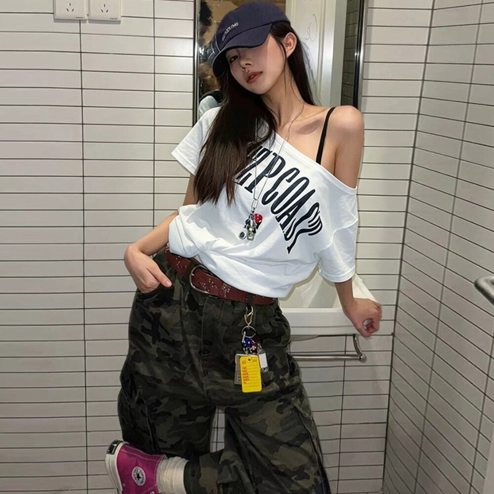【台灣發貨】韓版復古斜肩慵短袖上衣 衣服 女裝 t恤 短袖t恤 上衣【T667】-細節圖3