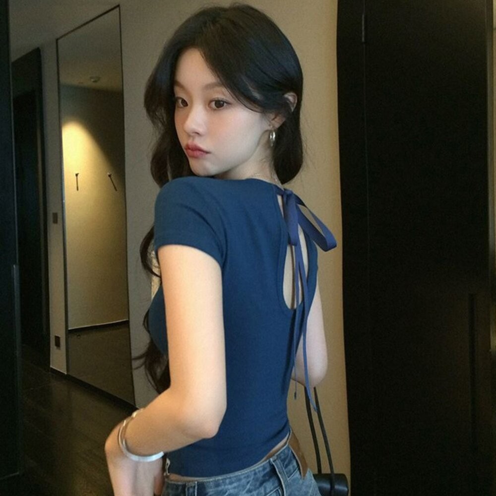 【台灣發貨】韓版綁帶露背短袖上衣 衣服 女裝 t恤 短袖t恤 上衣 【T710】-細節圖7