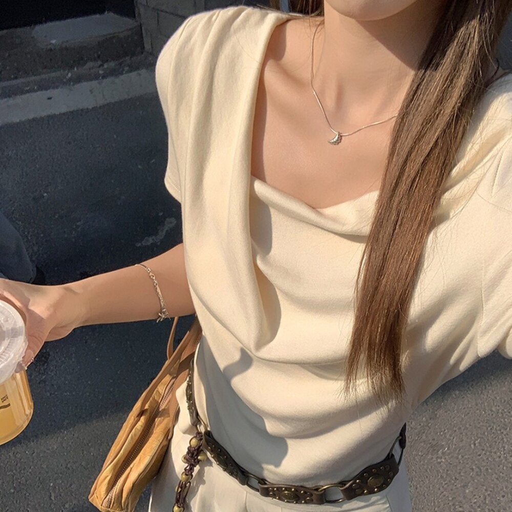 【台灣發貨】韓版氣質不規則露肩短袖上衣 衣服 女裝 t恤 短袖t恤 上衣【T711】-細節圖8