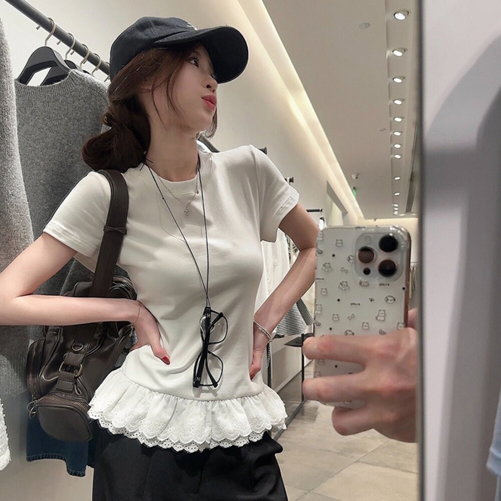 【台灣發貨】韓版設計感拼接蕾絲短袖上衣 衣服 女裝 t恤 短袖t恤 上衣【T713】-細節圖6
