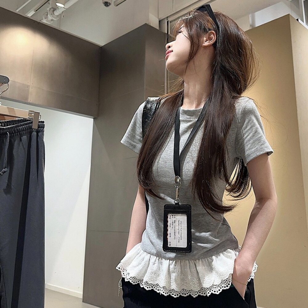 【台灣發貨】韓版設計感拼接蕾絲短袖上衣 衣服 女裝 t恤 短袖t恤 上衣【T713】-細節圖7