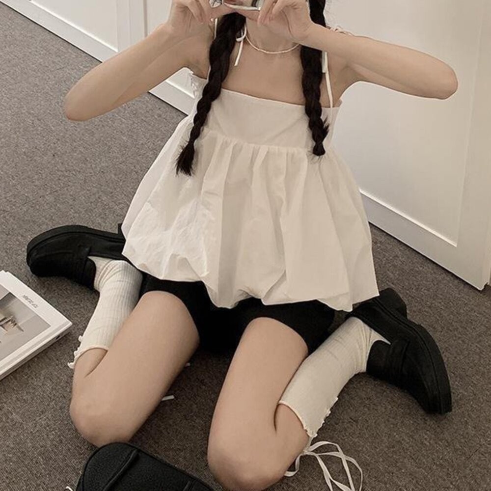【台灣發貨】韓版寬鬆綁帶小背心蓬蓬上衣 小可愛 背心 衣服 女裝 上衣【V461】-細節圖2