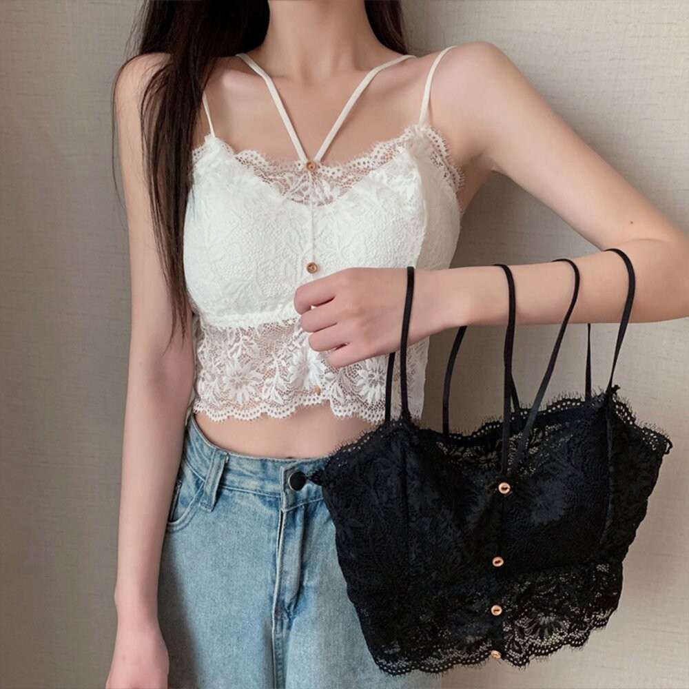 【台灣發貨】韓版法式蕾絲背心 帶胸墊免穿內衣 小可愛 背心 衣服 女裝 上衣【V464】-細節圖2