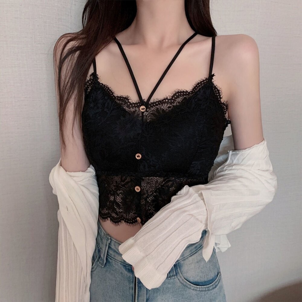 【台灣發貨】韓版法式蕾絲背心 帶胸墊免穿內衣 小可愛 背心 衣服 女裝 上衣【V464】-細節圖5
