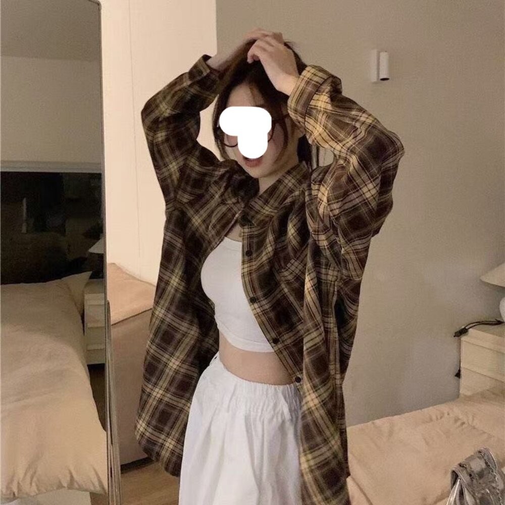 【台灣發貨】韓版復古格紋襯衫外套 外套 防曬外套 女裝 上衣 衣服【J385】-細節圖4