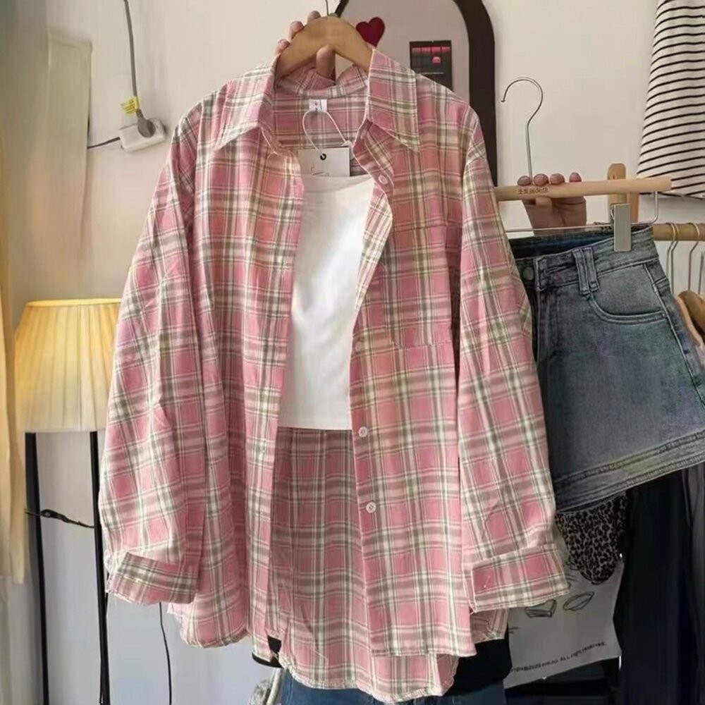 【台灣發貨】韓版復古格紋襯衫外套 外套 防曬外套 女裝 上衣 衣服【J385】-細節圖7