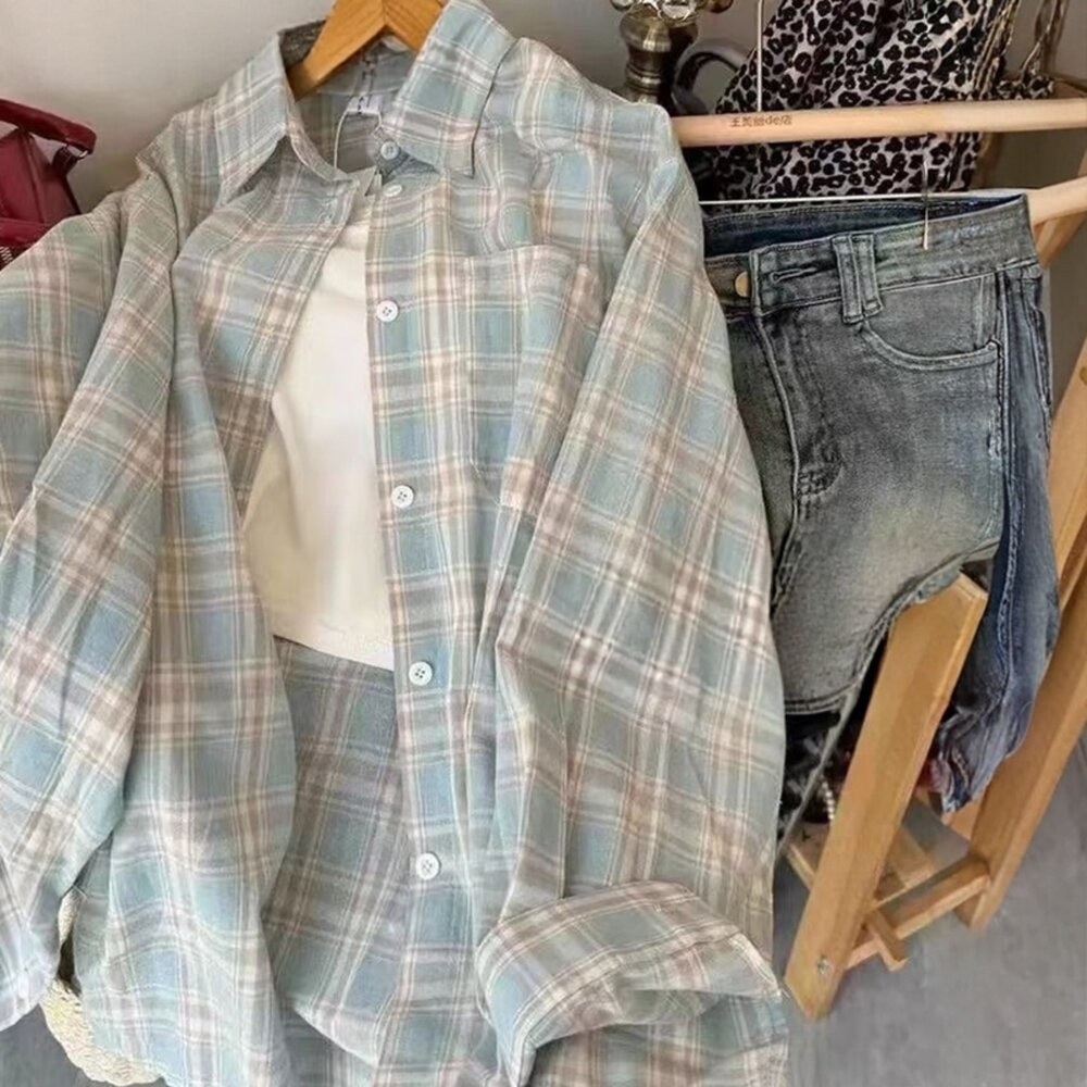【台灣發貨】韓版復古格紋襯衫外套 外套 防曬外套 女裝 上衣 衣服【J385】-細節圖8