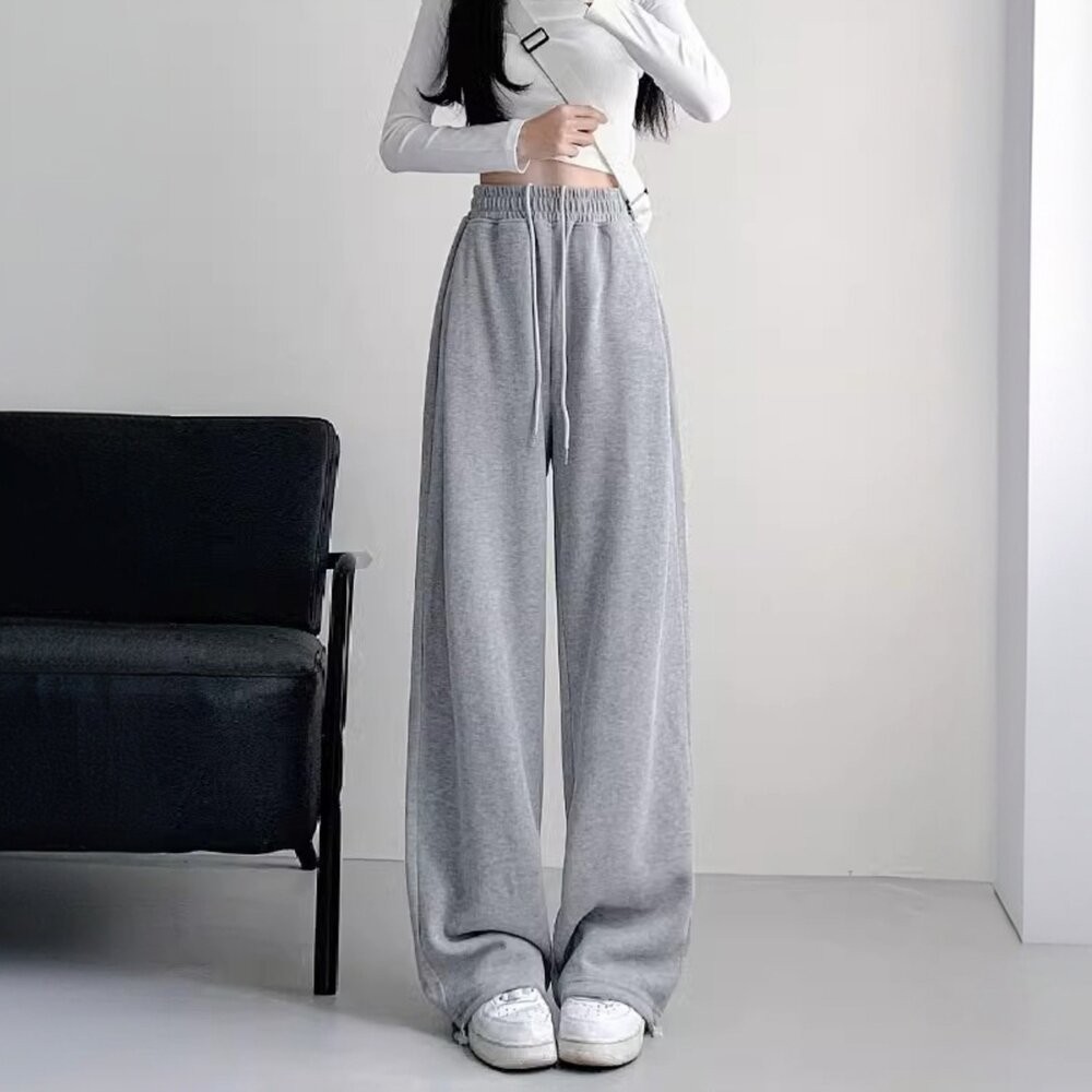 【台灣發貨】韓版高腰顯瘦灰色微喇運動褲 寬褲 褲子 女裝【P360】-細節圖4