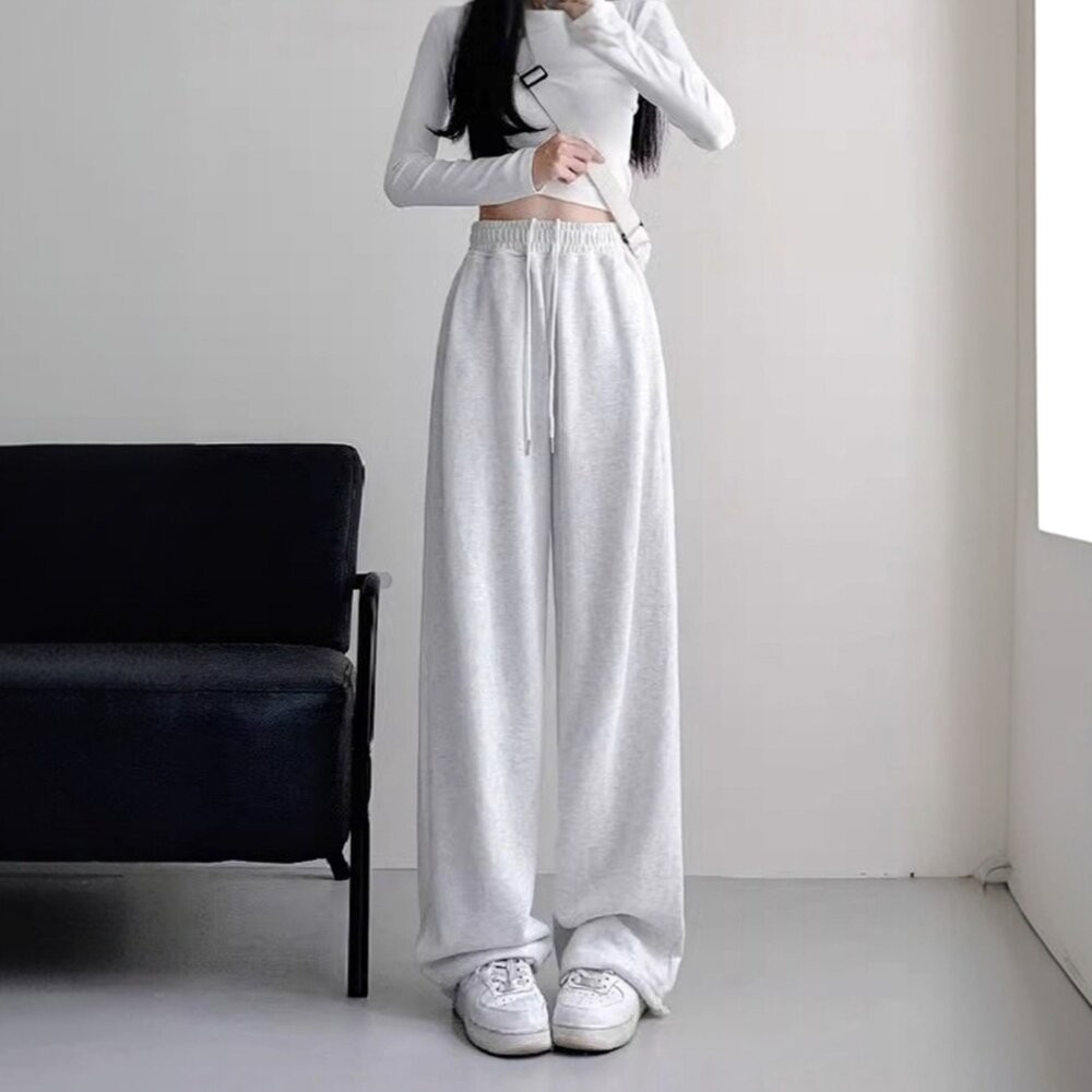 【台灣發貨】韓版高腰顯瘦灰色微喇運動褲 寬褲 褲子 女裝【P360】-細節圖5