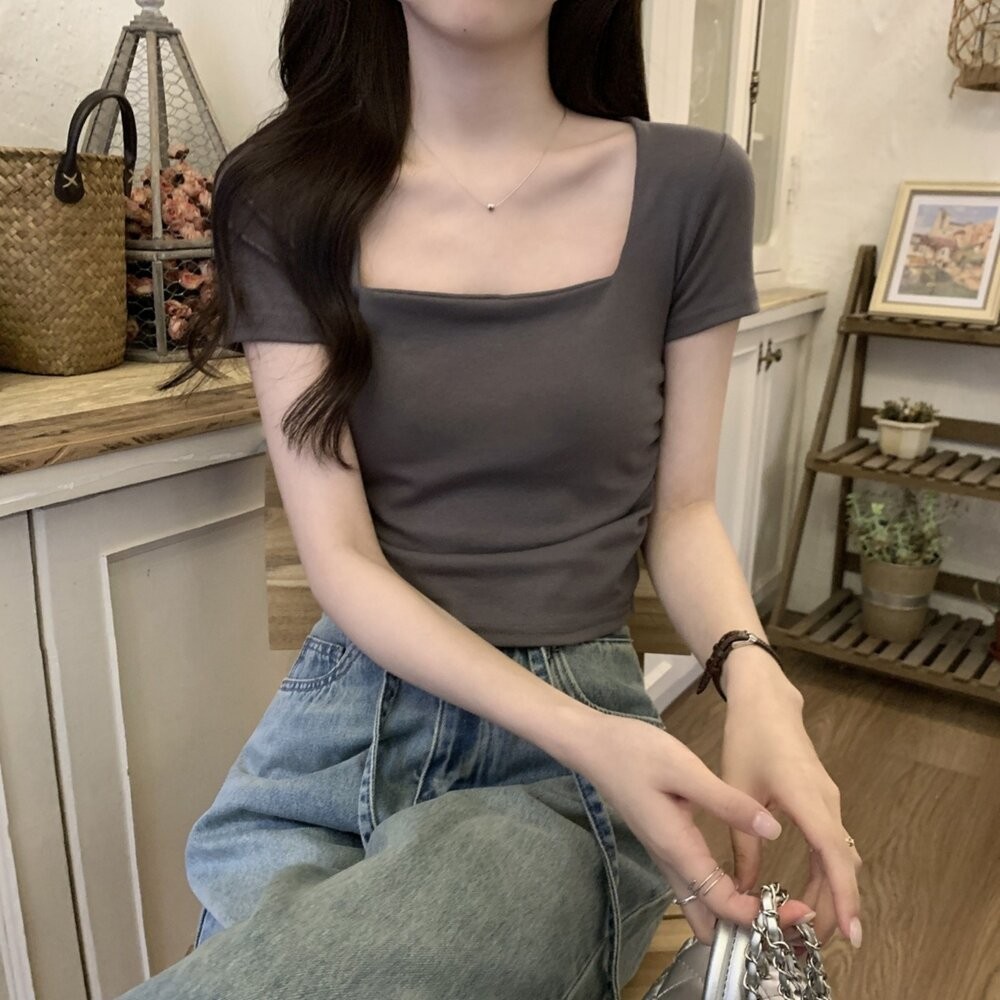【台灣發貨】韓版顯瘦方領短版上衣 衣服 女裝 t恤 短袖t恤 上衣【T355】-細節圖4