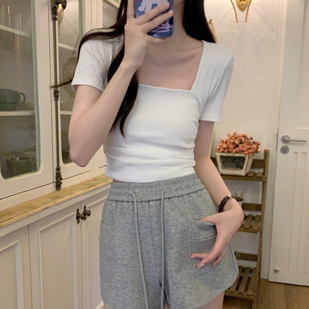 【台灣發貨】韓版顯瘦方領短版上衣 衣服 女裝 t恤 短袖t恤 上衣【T355】-細節圖6
