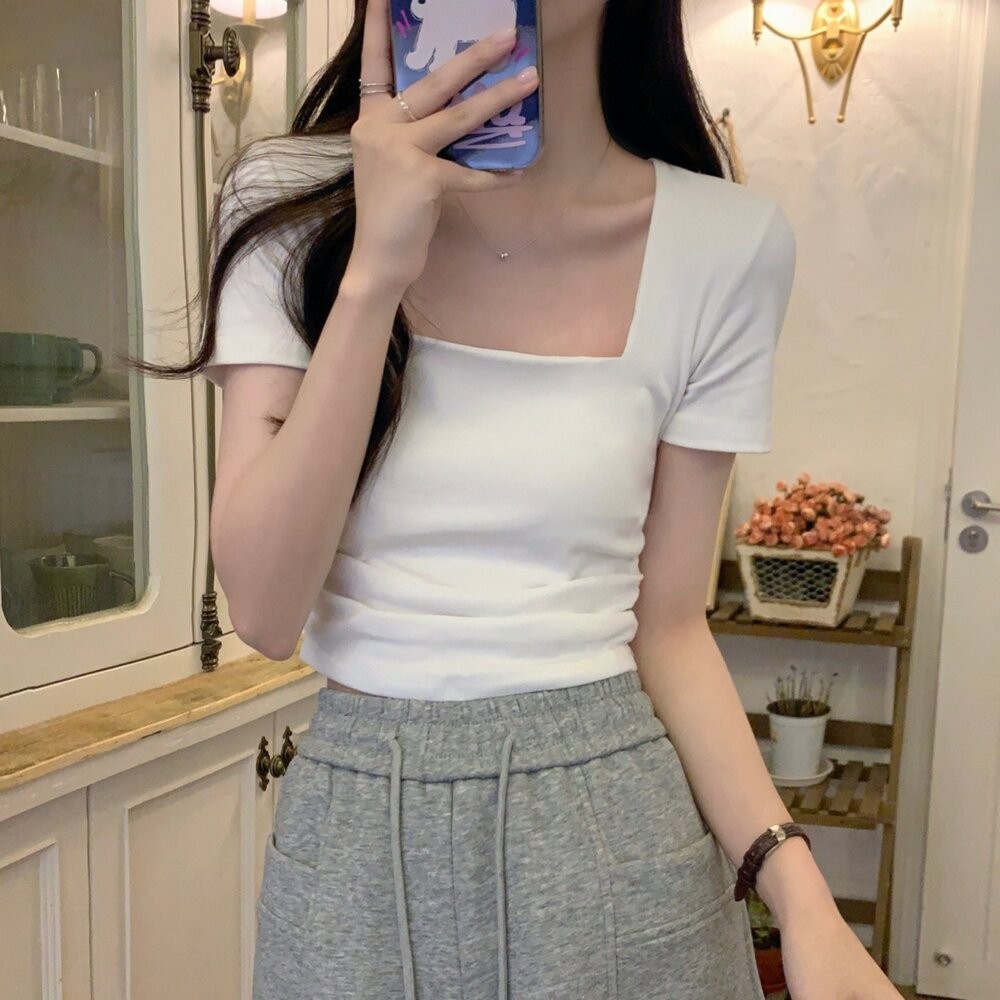 【台灣發貨】韓版顯瘦方領短版上衣 衣服 女裝 t恤 短袖t恤 上衣【T355】-細節圖11
