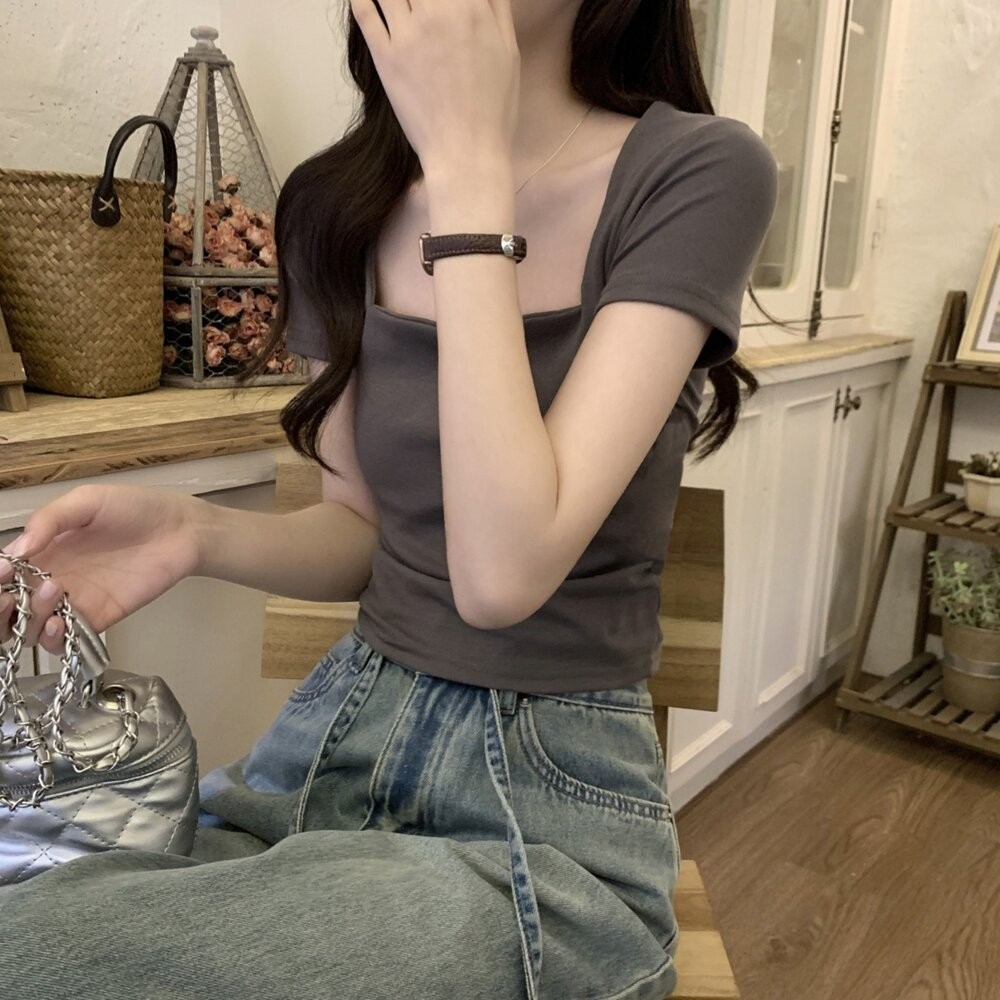 【台灣發貨】韓版氣質方領短袖上衣 衣服 女裝 t恤 短袖t恤 上衣【T355】-細節圖2