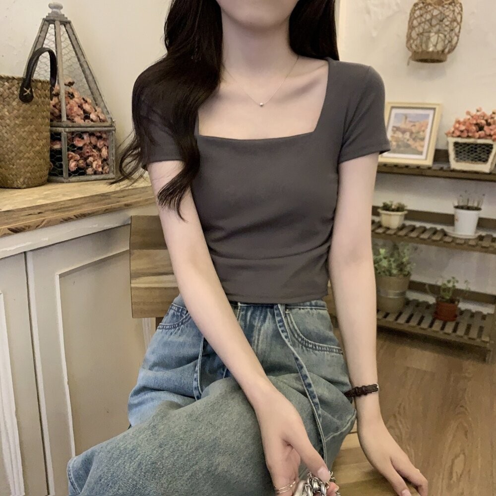【台灣發貨】韓版氣質方領短袖上衣 衣服 女裝 t恤 短袖t恤 上衣【T355】-細節圖5