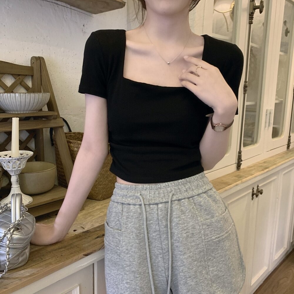 【台灣發貨】韓版氣質方領短袖上衣 衣服 女裝 t恤 短袖t恤 上衣【T355】-細節圖6