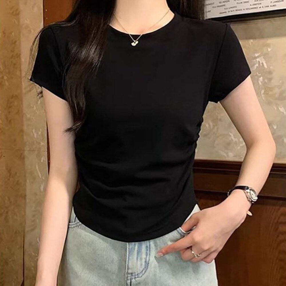 【台灣發貨】韓版顯瘦收腰短袖上衣 衣服 女裝 t恤 短袖t恤 上衣【T701】-細節圖4