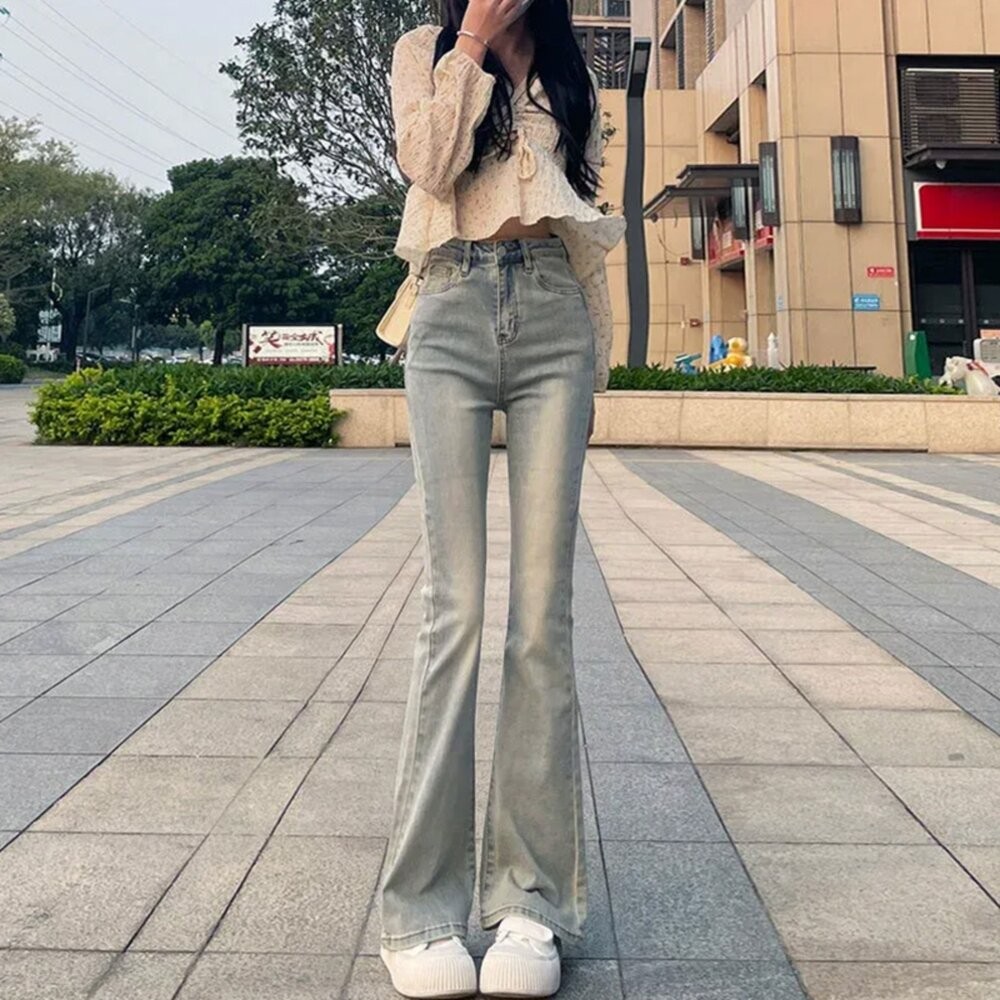 【台灣發貨】韓版美式直筒高腰淺色微喇叭牛仔褲 寬褲 褲子 女裝【P430】-細節圖2